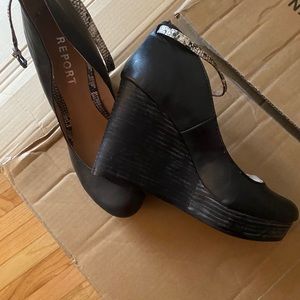 Never worn black wedges w/python trim ankle straps